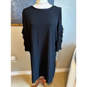 NWT Uncle Frank Black 3/4 Ruffle Bow Sleeve Rayon Basic Dress Women Size S